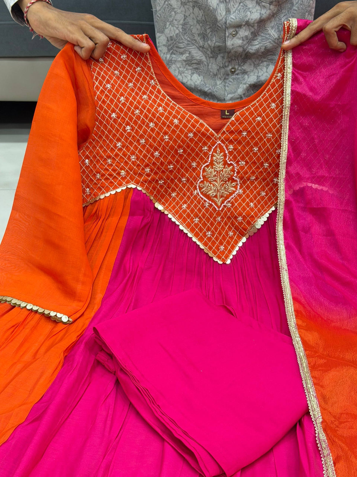 Meera Dual Tone Mal Chanderi Anarkali Set with Handwork Golden Yoke