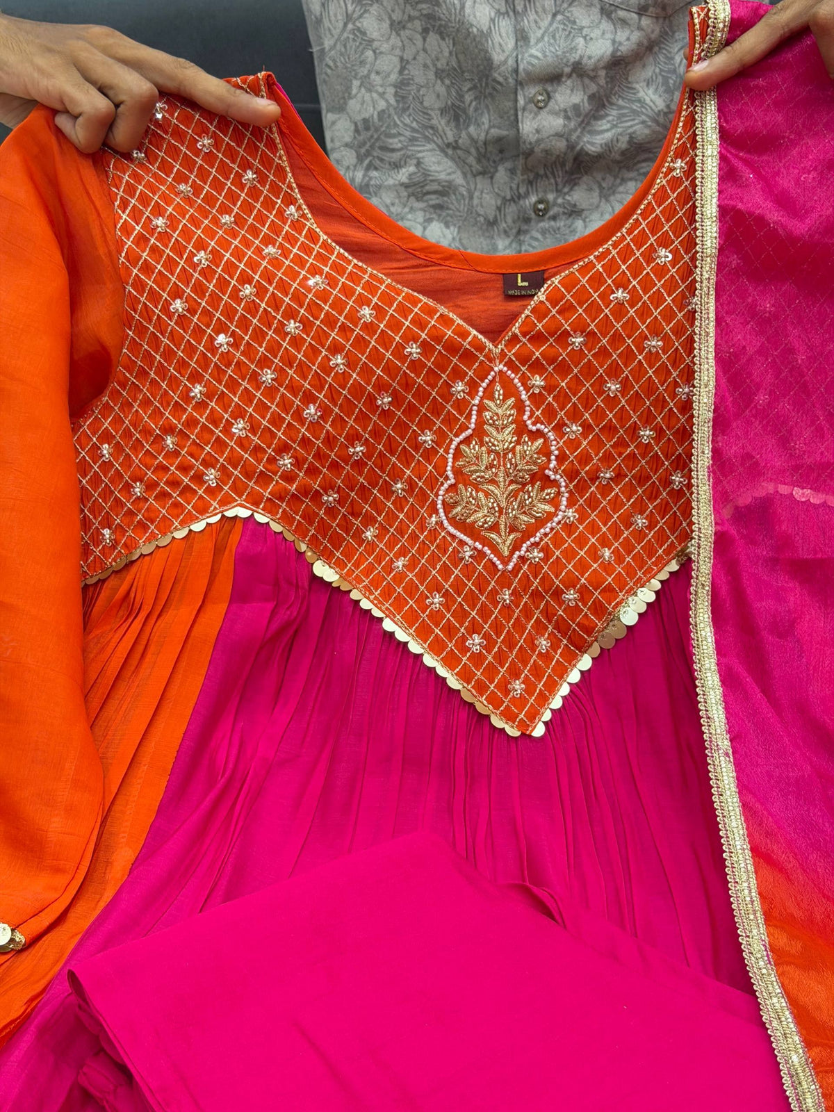 Meera Dual Tone Mal Chanderi Anarkali Set with Handwork Golden Yoke