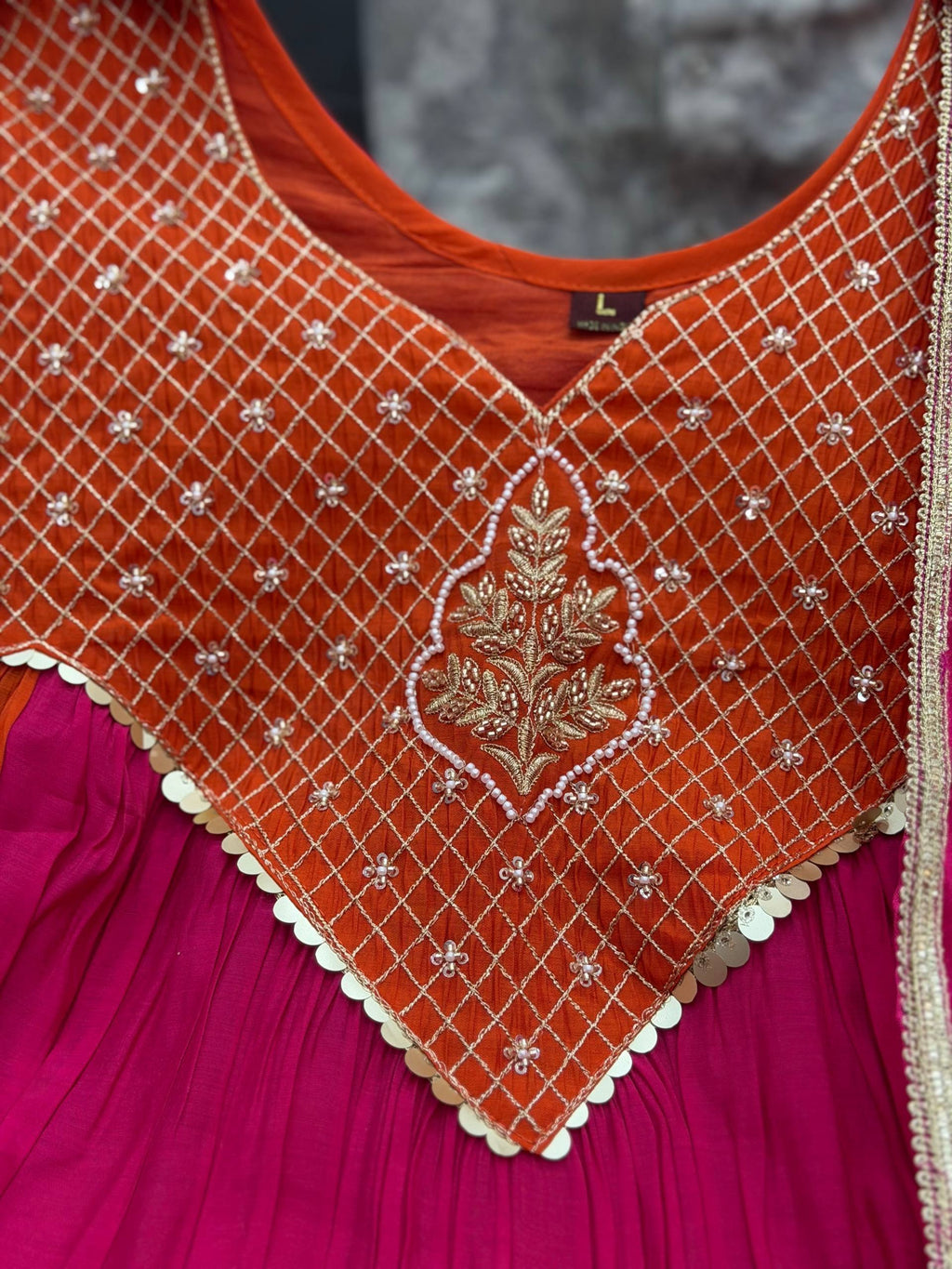Meera Dual Tone Mal Chanderi Anarkali Set with Handwork Golden Yoke