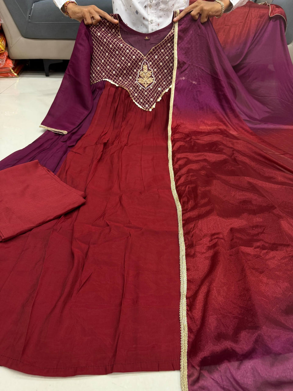 Meera Dual Tone Mal Chanderi Anarkali Set with Handwork Golden Yoke