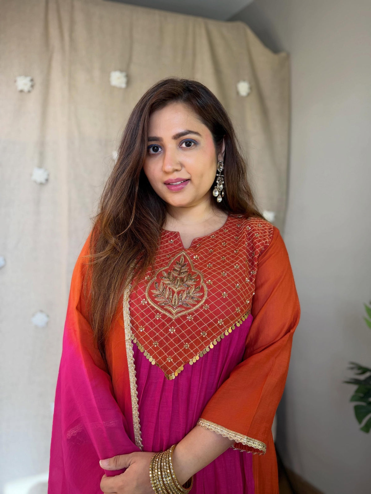 Meera Dual Tone Mal Chanderi Anarkali Set with Handwork Golden Yoke