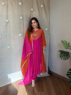 Meera Dual Tone Mal Chanderi Anarkali Set with Handwork Golden Yoke