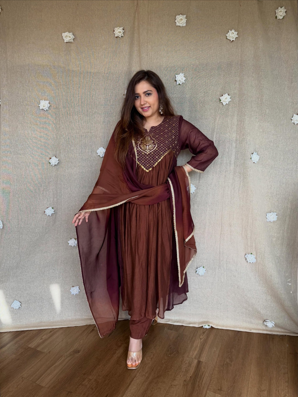 Meera Dual Tone Mal Chanderi Anarkali Set with Handwork Golden Yoke