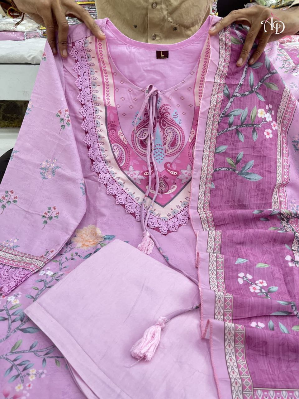 Rhea Lilac Pure Soft Muslin Pakistani Suit Set with Digital Print & Hand Embroidery