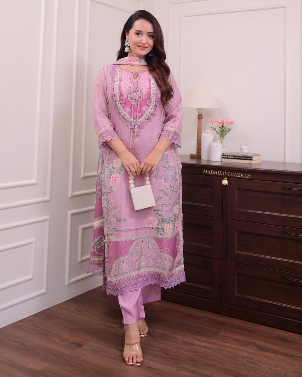 Rhea Lilac Pure Soft Muslin Pakistani Suit Set with Digital Print & Hand Embroidery