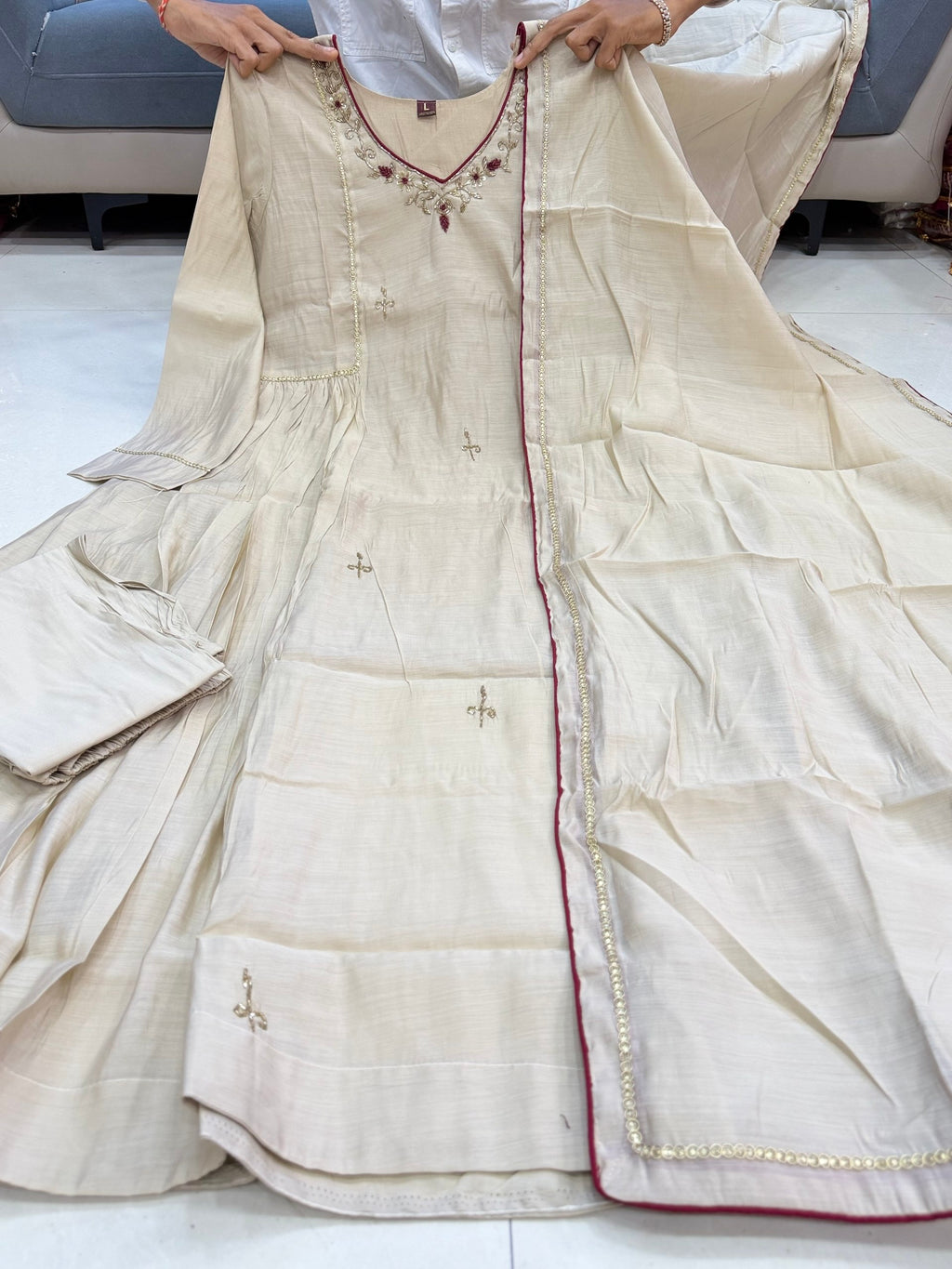 Ishita Almond Beige Mul Chanderi Anarkali Suit Set with Embroidery & Handwork