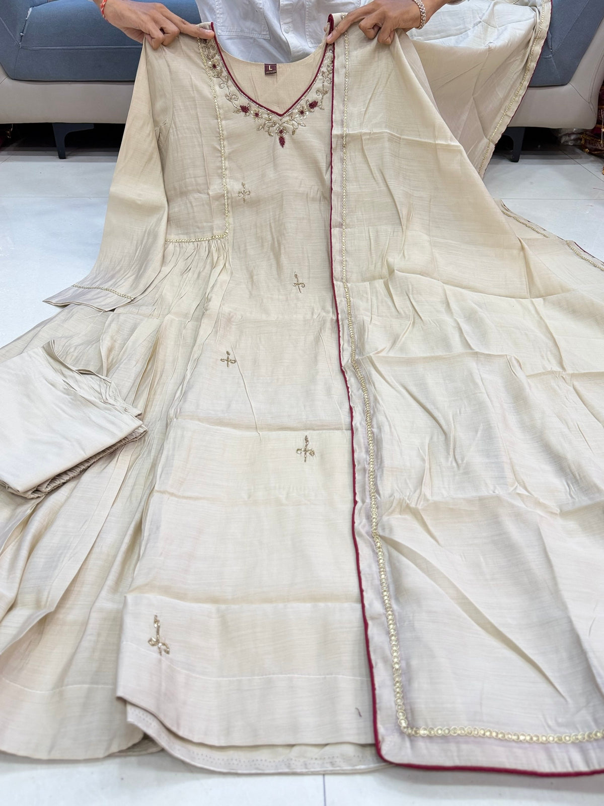 Ishita Almond Beige Mul Chanderi Anarkali Suit Set with Embroidery & Handwork