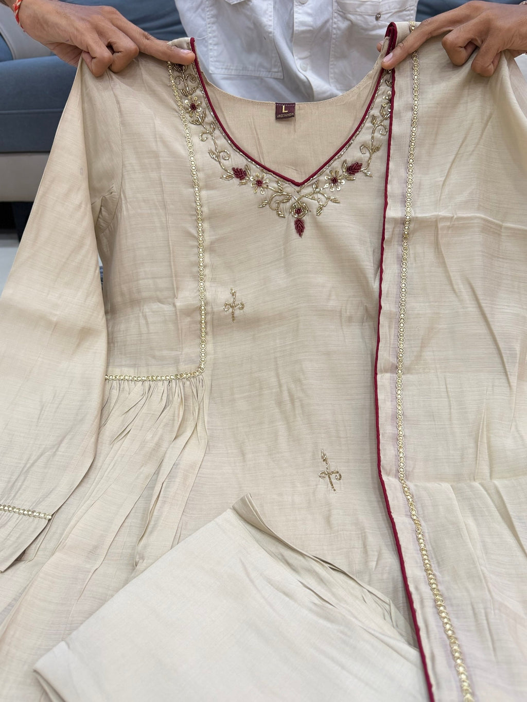 Ishita Almond Beige Mul Chanderi Anarkali Suit Set with Embroidery & Handwork