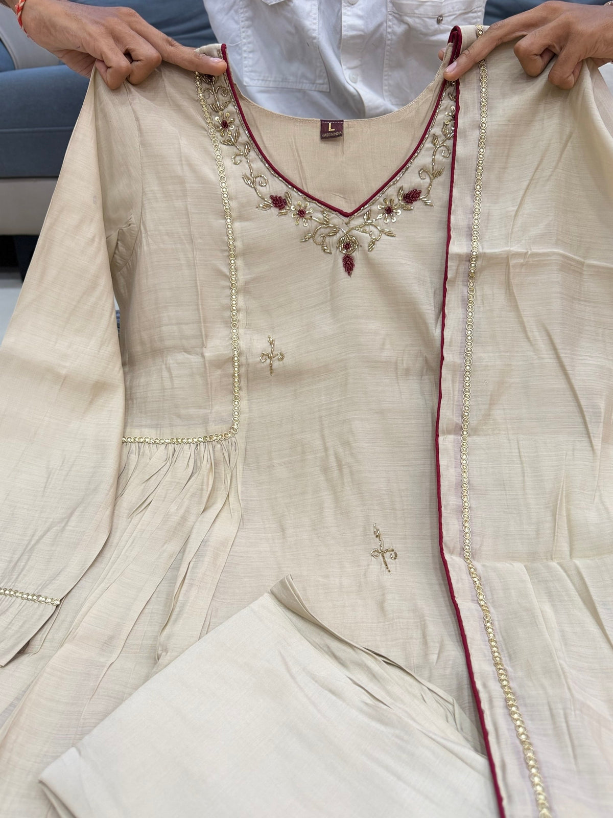 Ishita Almond Beige Mul Chanderi Anarkali Suit Set with Embroidery & Handwork