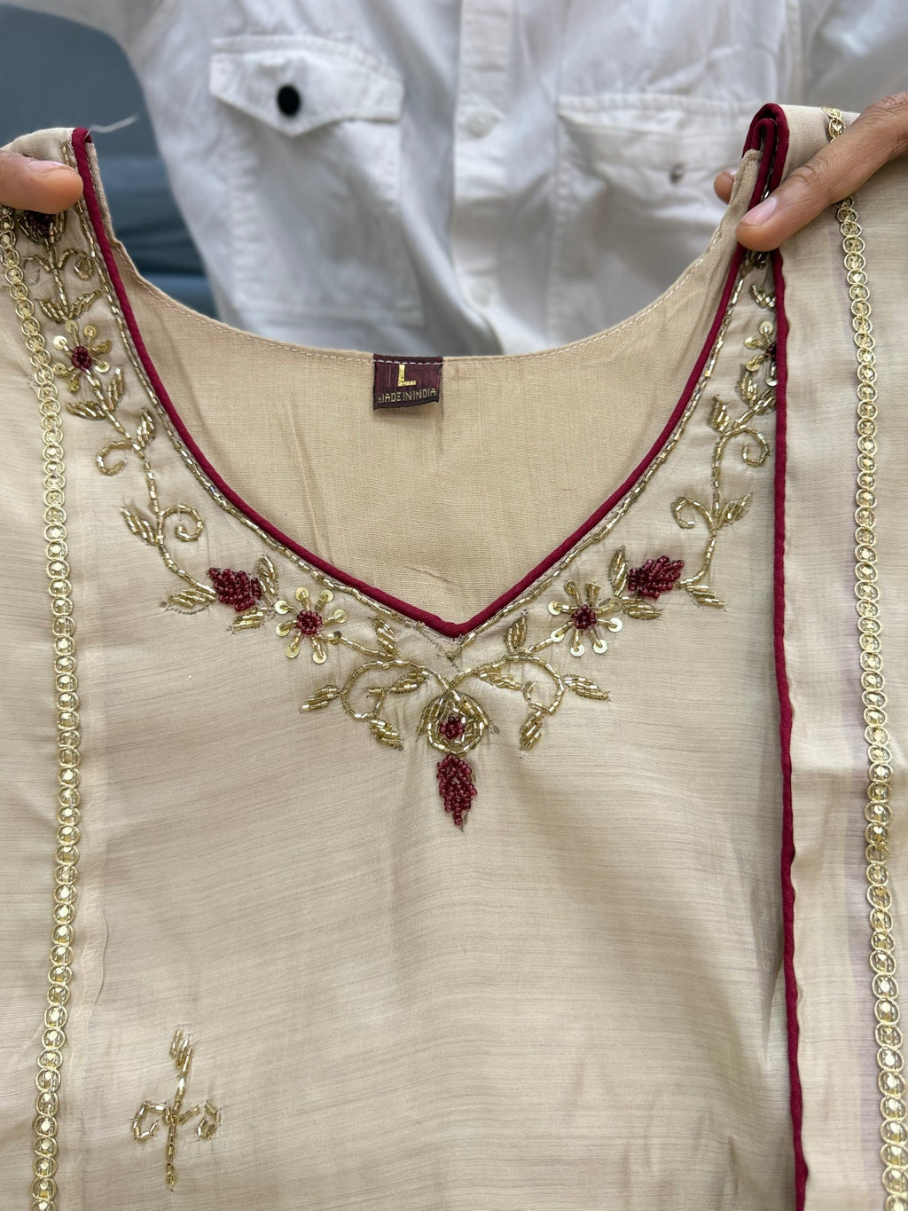 Ishita Almond Beige Mul Chanderi Anarkali Suit Set with Embroidery & Handwork