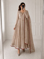 Ishita Almond Beige Mul Chanderi Anarkali Suit Set with Embroidery & Handwork
