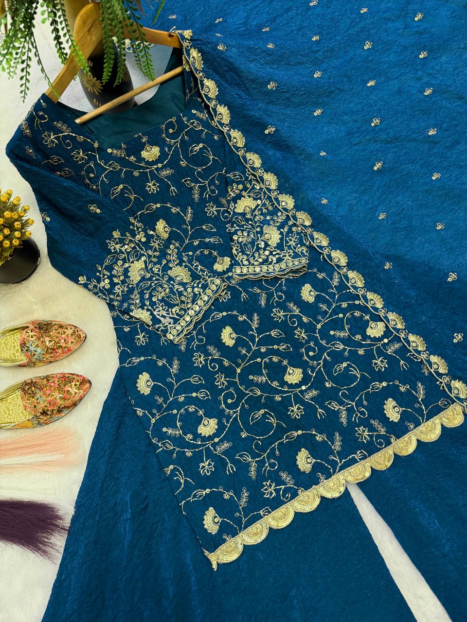 Ishani Crunchy Silk Embroidered Palazzo Suit Set with Beads, Sequins & Zari Work