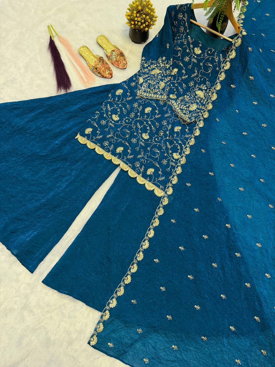 Ishani Crunchy Silk Embroidered Palazzo Suit Set with Beads, Sequins & Zari Work