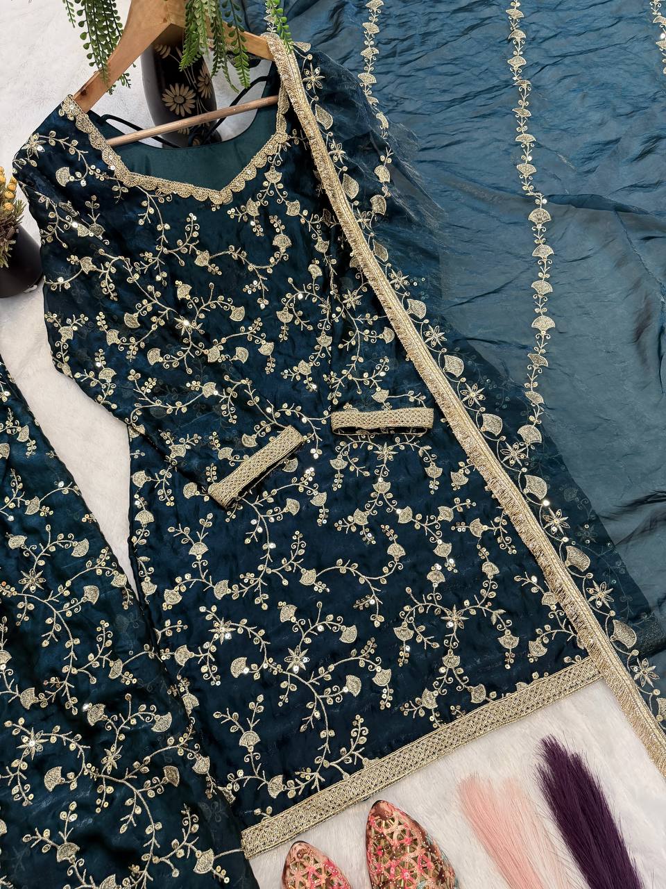 Tara Silk Heavy Sequins & Embroidery Work Top with Patiala & Dupatta
