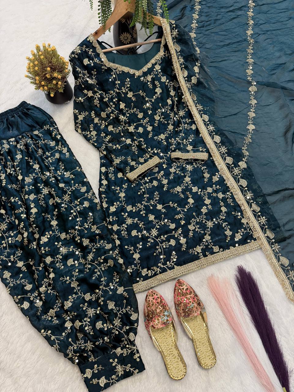 Tara Silk Heavy Sequins & Embroidery Work Top with Patiala & Dupatta