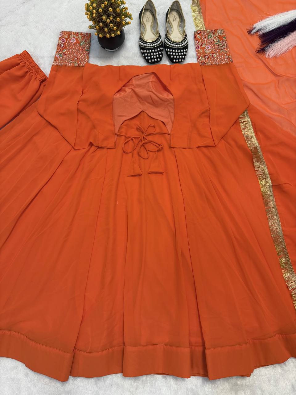 Designer Georgette Maxi Anarkali with Embroidered Koti, Pant & Dupatta