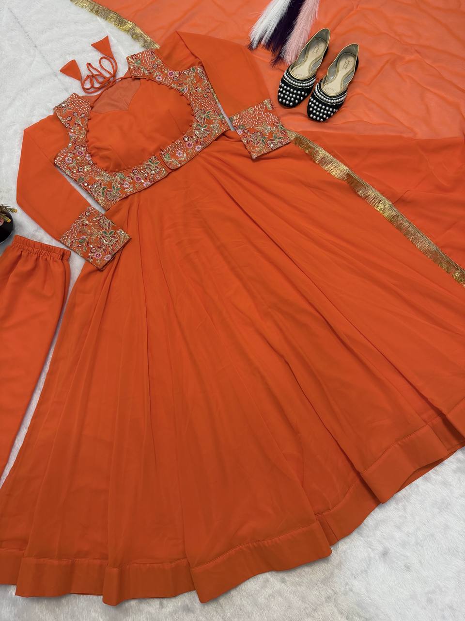 Designer Georgette Maxi Anarkali with Embroidered Koti, Pant & Dupatta