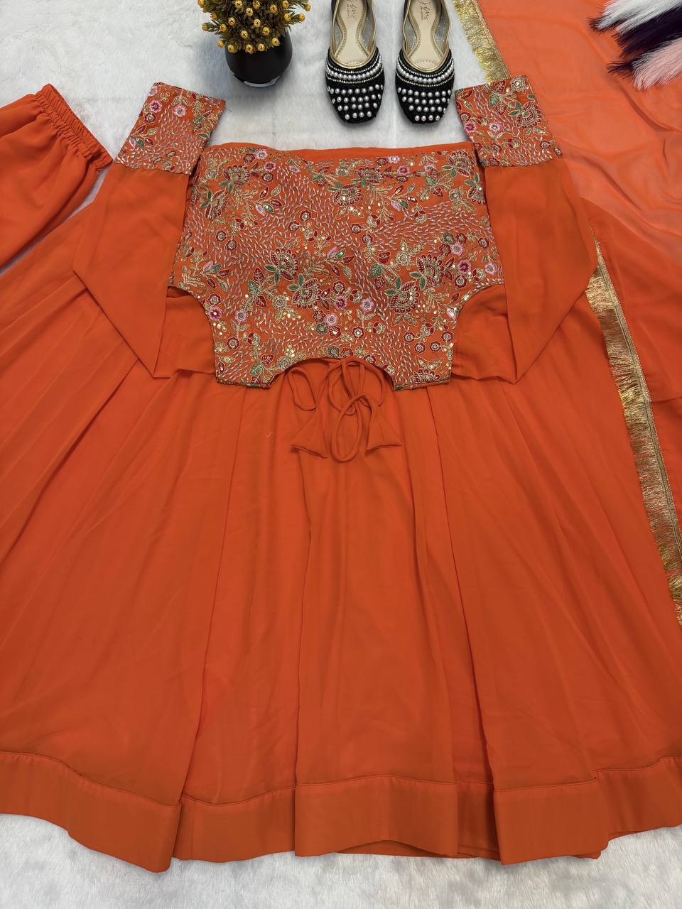 Designer Georgette Maxi Anarkali with Embroidered Koti, Pant & Dupatta
