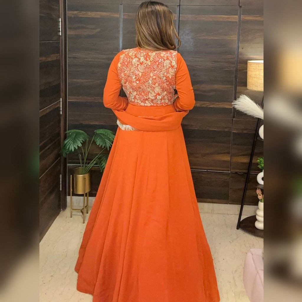 Designer Georgette Maxi Anarkali with Embroidered Koti, Pant & Dupatta