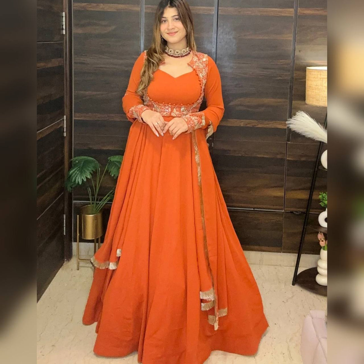 Designer Georgette Maxi Anarkali with Embroidered Koti, Pant & Dupatta