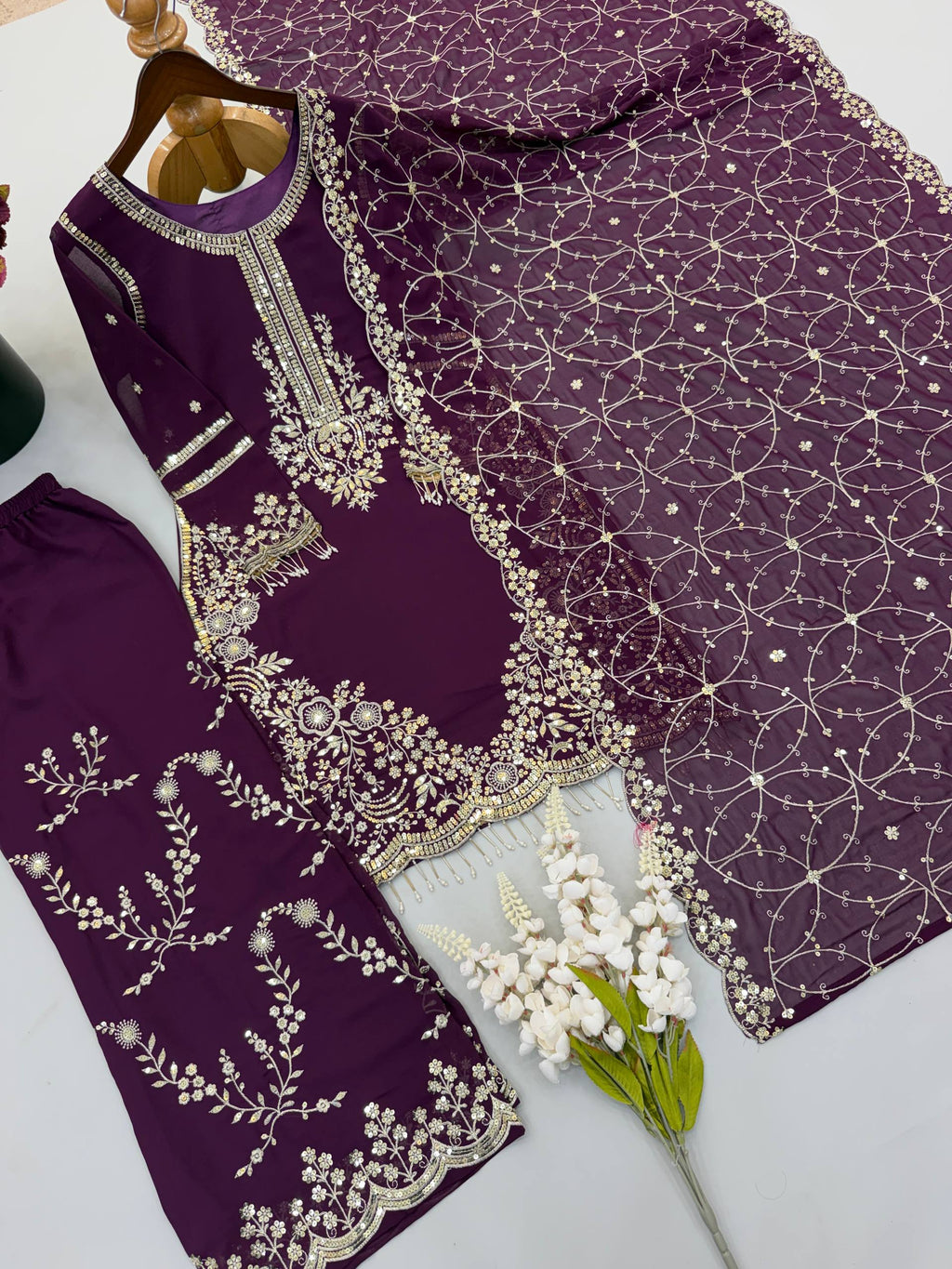 Siya Georgette Heavy Embroidery Work Kurti with Palazzo & Dupatta