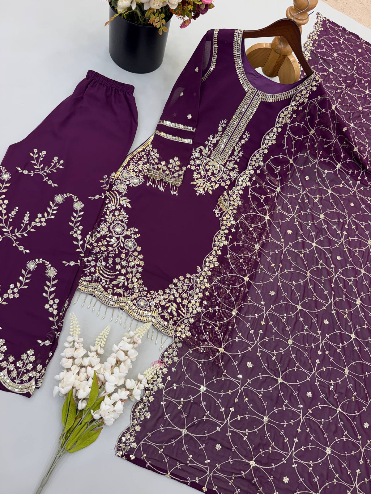 Siya Georgette Heavy Embroidery Work Kurti with Palazzo & Dupatta