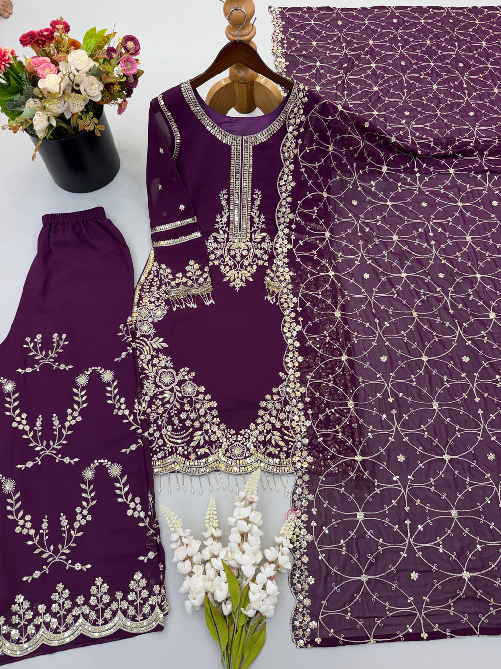Siya Georgette Heavy Embroidery Work Kurti with Palazzo & Dupatta