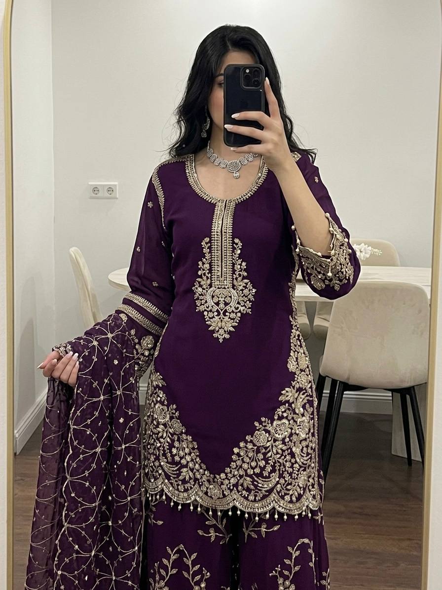 Siya Georgette Heavy Embroidery Work Kurti with Palazzo & Dupatta