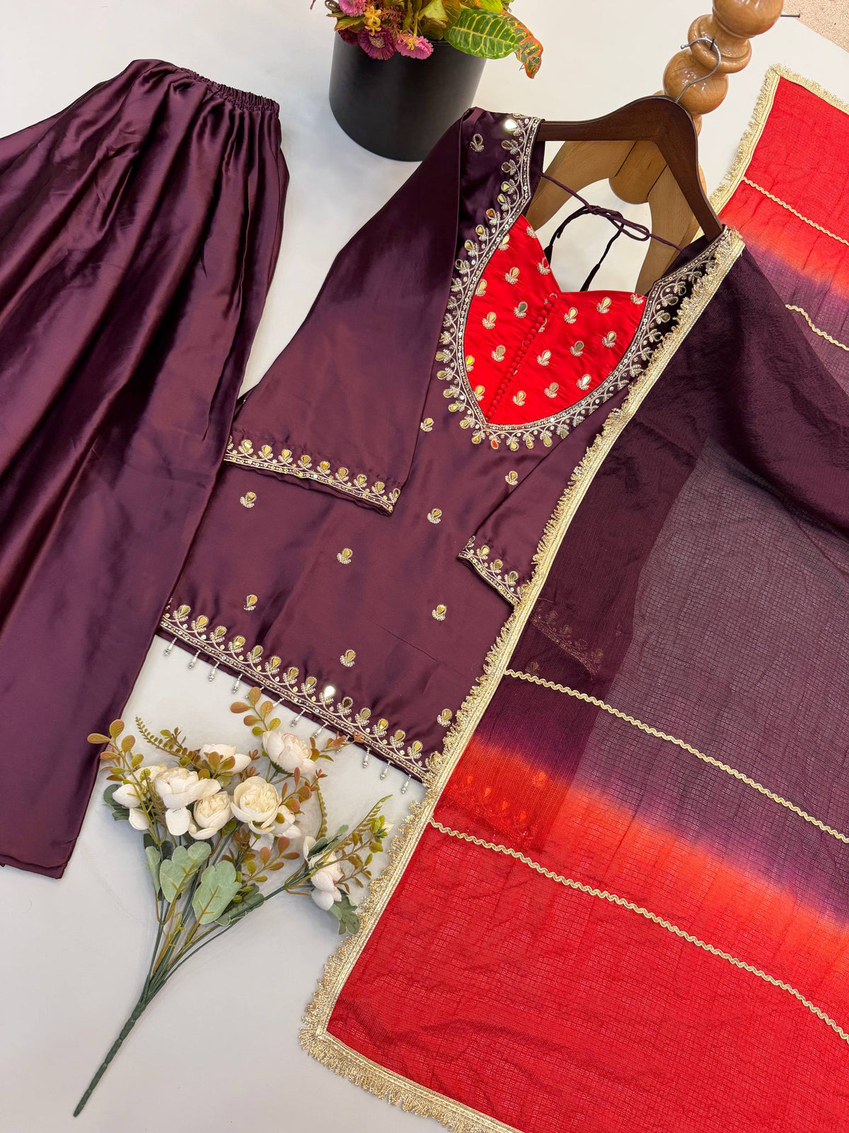 Designer French Crepe Mirror Work Kurta with Palazzo & Dupatta