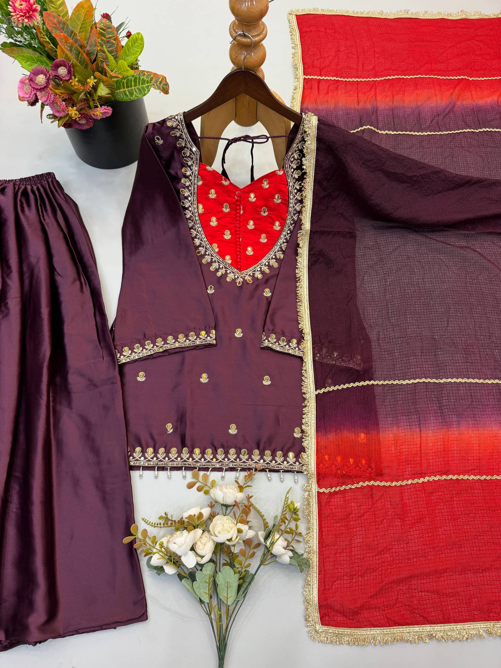 Designer French Crepe Mirror Work Kurta with Palazzo & Dupatta