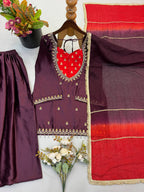 Designer French Crepe Mirror Work Kurta with Palazzo & Dupatta