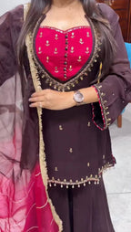 Designer French Crepe Mirror Work Kurta with Palazzo & Dupatta