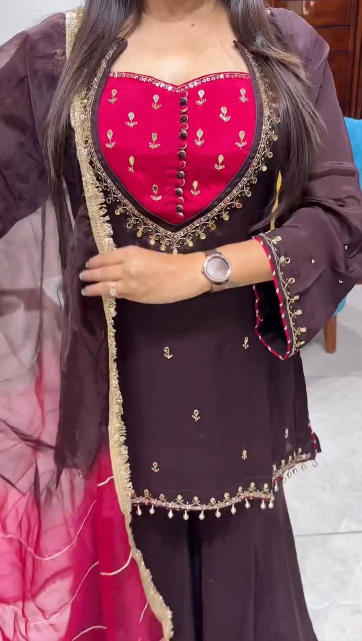 Designer French Crepe Mirror Work Kurta with Palazzo & Dupatta