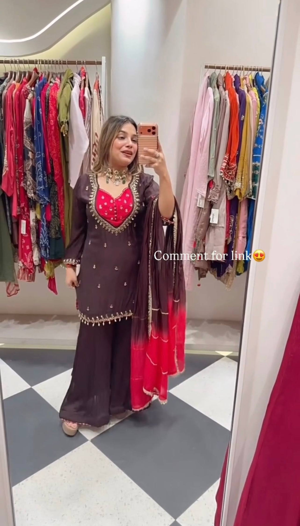 Designer French Crepe Mirror Work Kurta with Palazzo & Dupatta