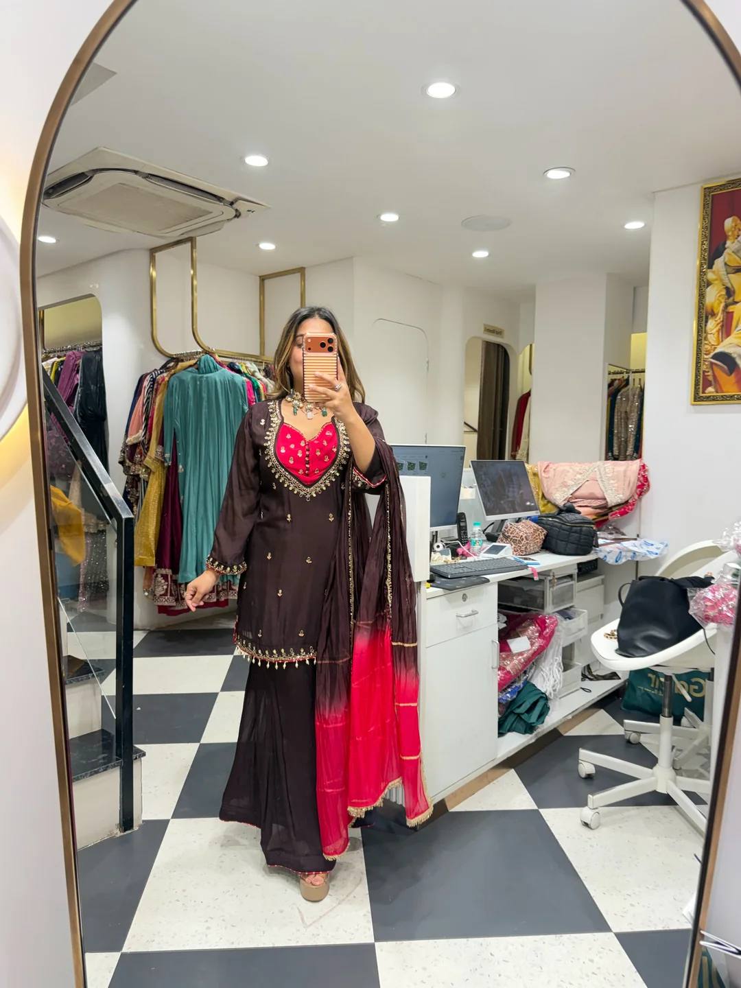Designer French Crepe Mirror Work Kurta with Palazzo & Dupatta