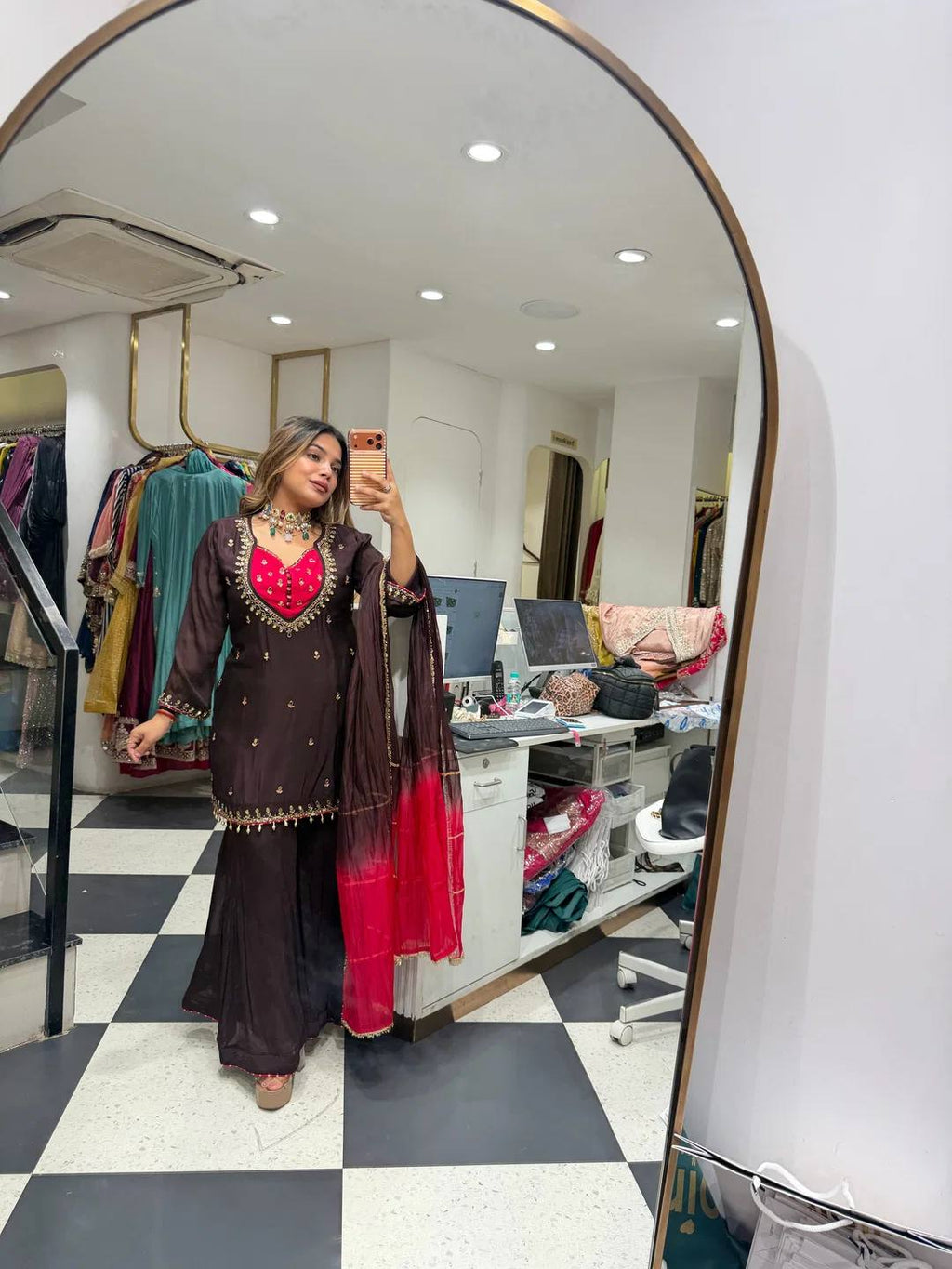 Designer French Crepe Mirror Work Kurta with Palazzo & Dupatta
