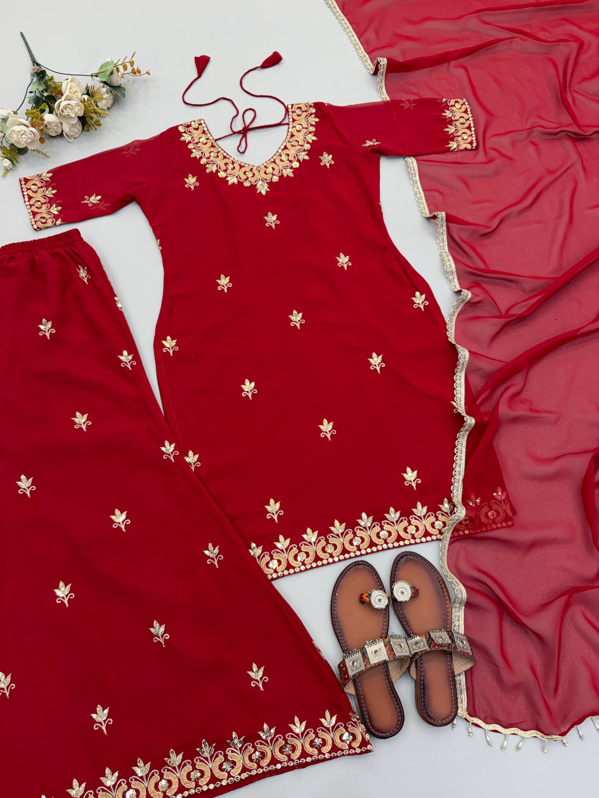 Aisha Georgette Embroidery & Sequins Work Top with Palazzo & Dupatta