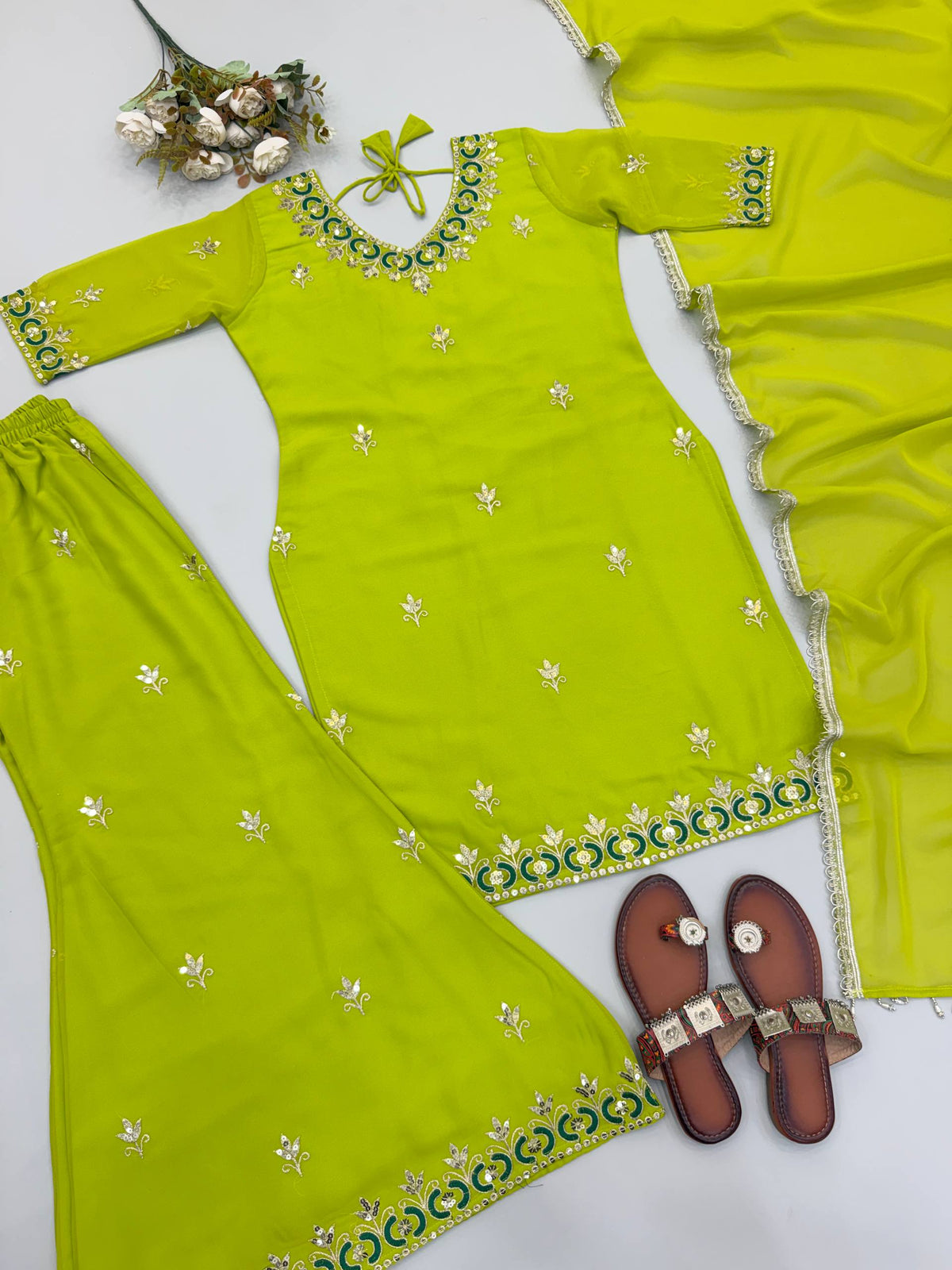 Aisha Georgette Embroidery & Sequins Work Top with Palazzo & Dupatta