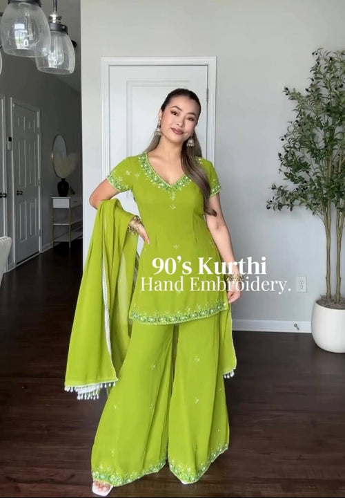Aisha Georgette Embroidery & Sequins Work Top with Palazzo & Dupatta