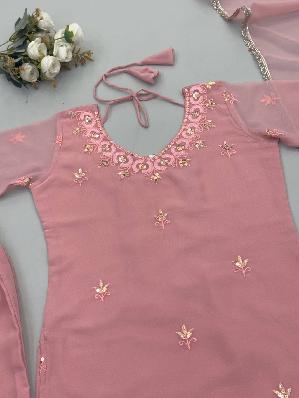 Aisha Georgette Embroidery & Sequins Work Top with Palazzo & Dupatta
