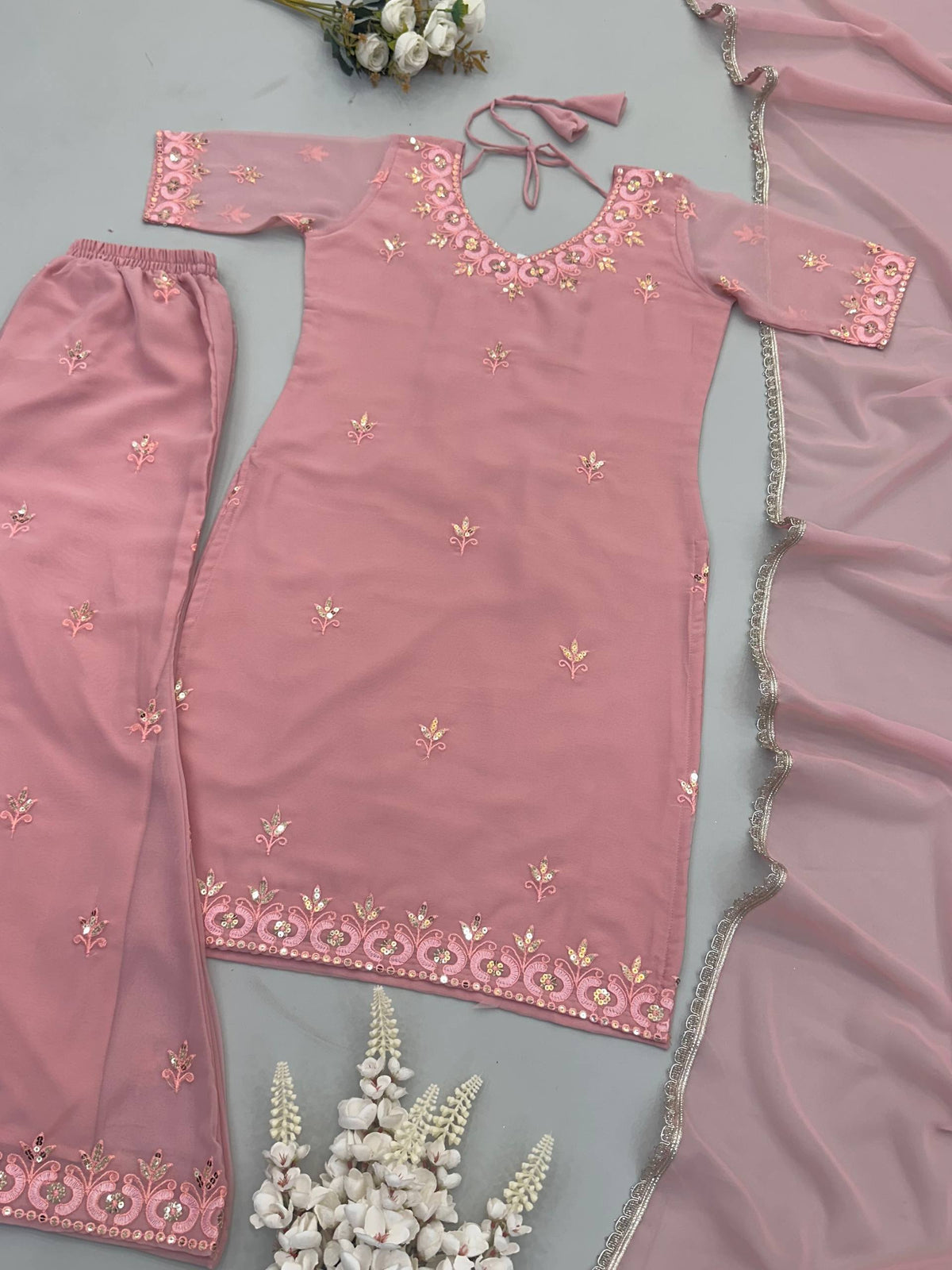 Aisha Georgette Embroidery & Sequins Work Top with Palazzo & Dupatta