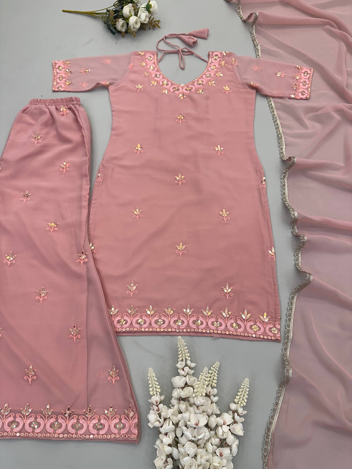 Aisha Georgette Embroidery & Sequins Work Top with Palazzo & Dupatta