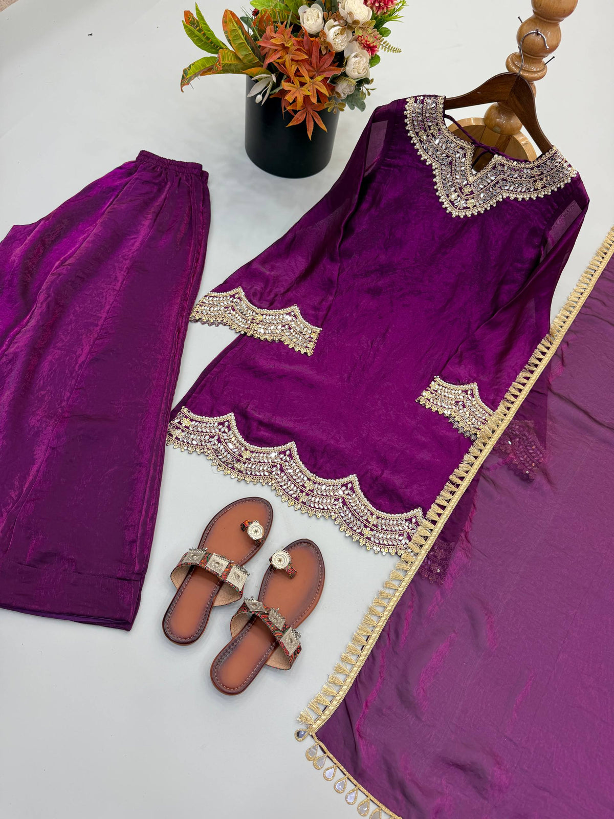 Anika Premium Silk Embroidery & Mirror Work Top with Palazzo & Dupatta
