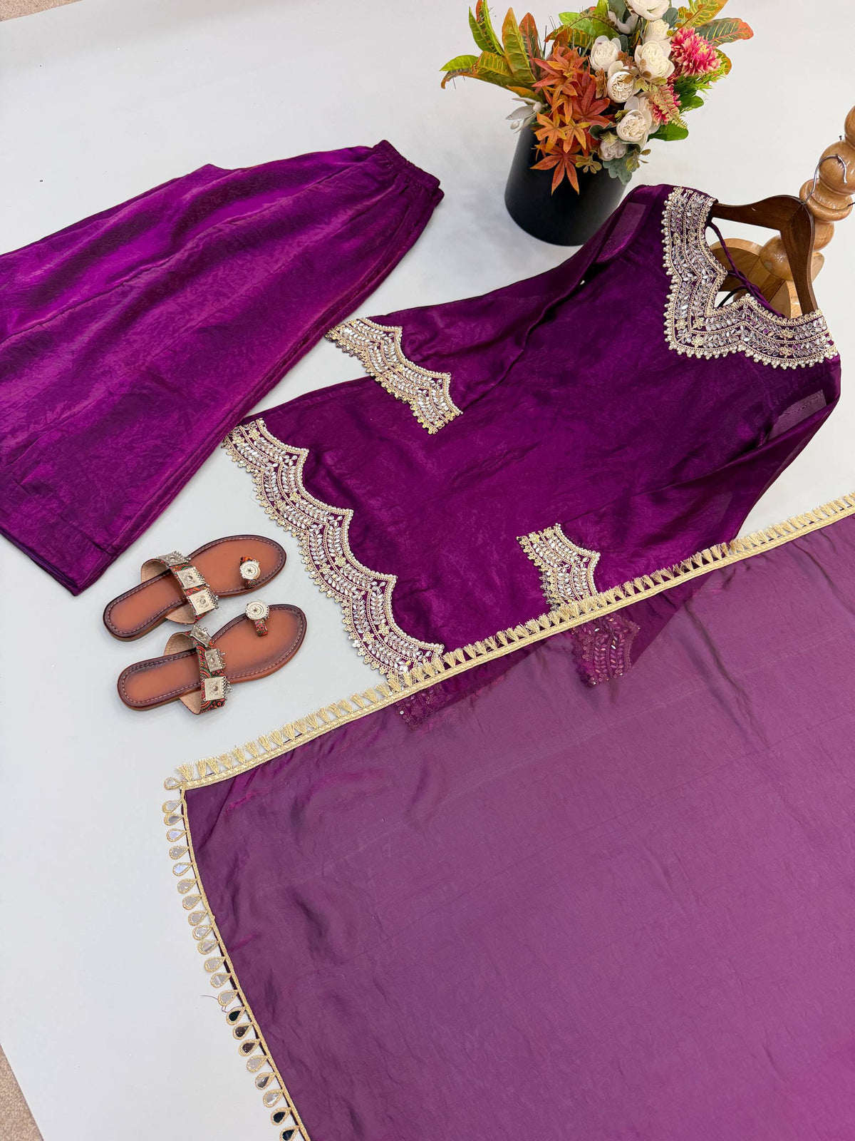 Anika Premium Silk Embroidery & Mirror Work Top with Palazzo & Dupatta