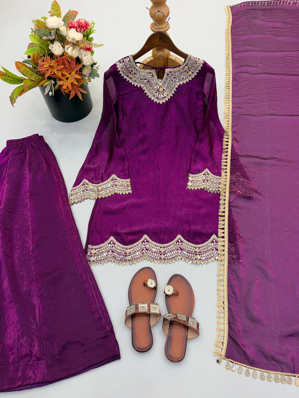 Anika Premium Silk Embroidery & Mirror Work Top with Palazzo & Dupatta
