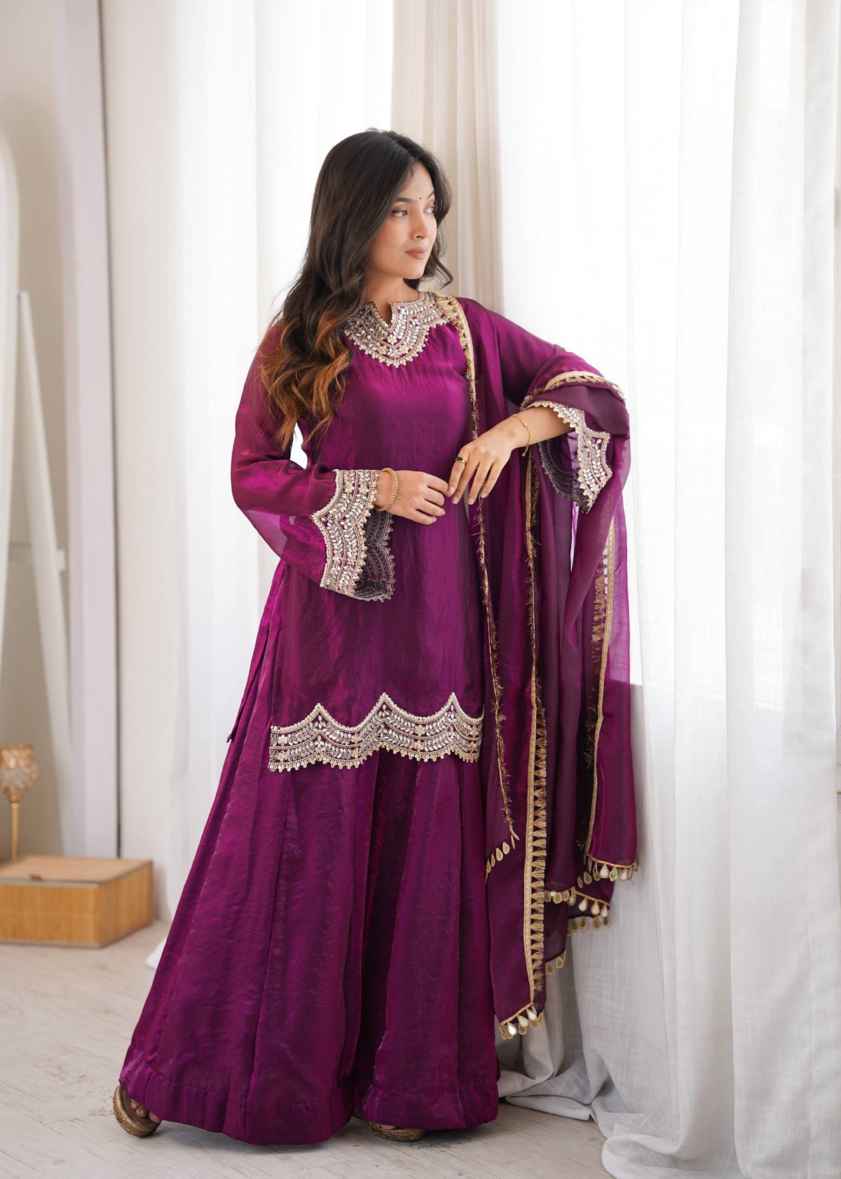 Anika Premium Silk Embroidery & Mirror Work Top with Palazzo & Dupatta