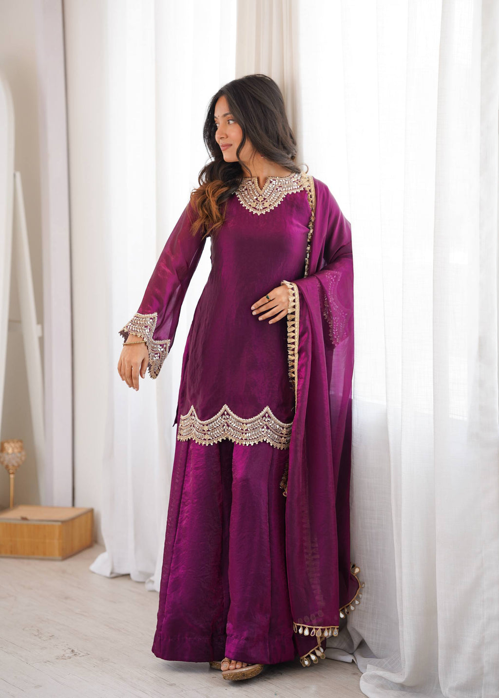 Anika Premium Silk Embroidery & Mirror Work Top with Palazzo & Dupatta