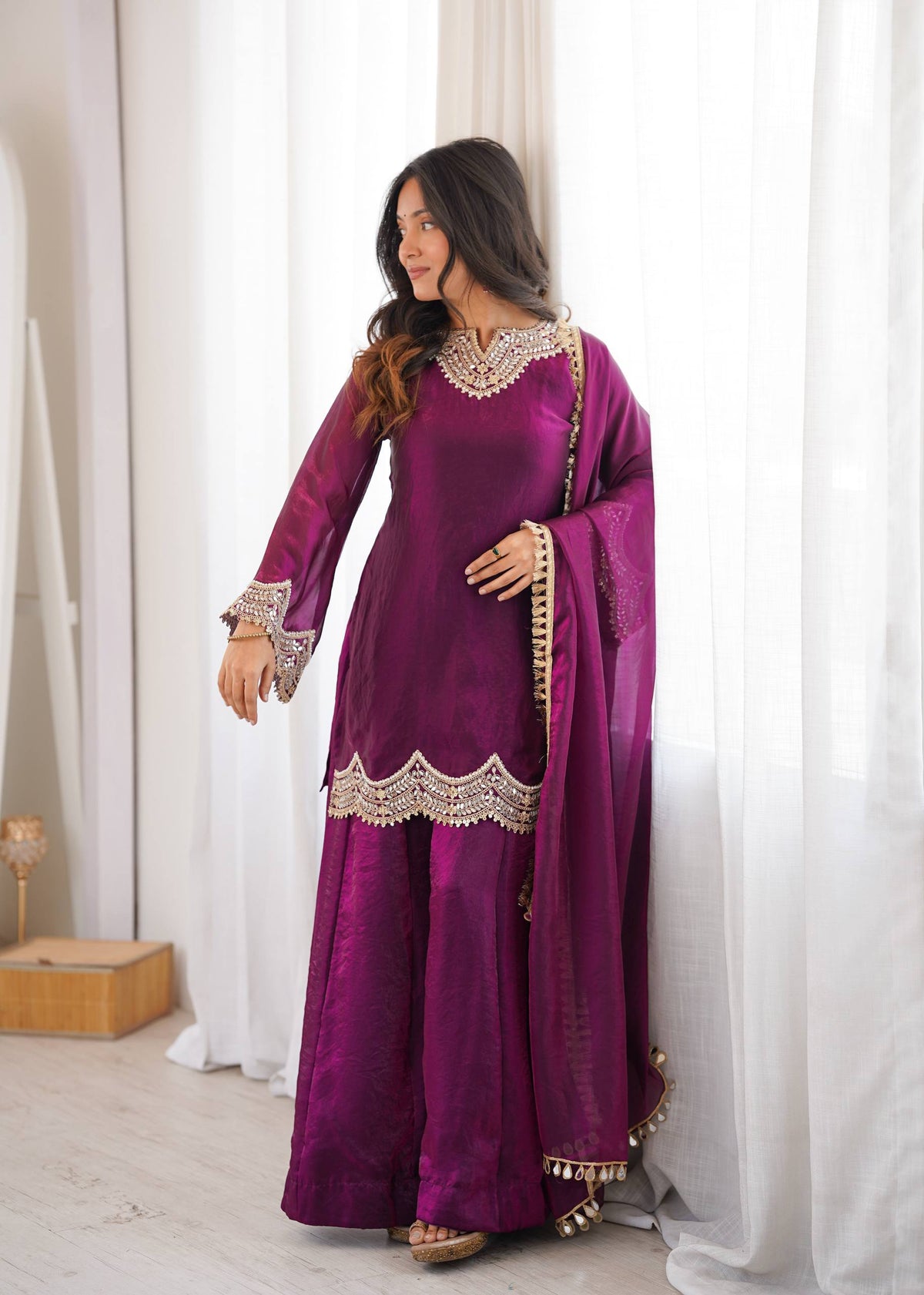 Anika Premium Silk Embroidery & Mirror Work Top with Palazzo & Dupatta