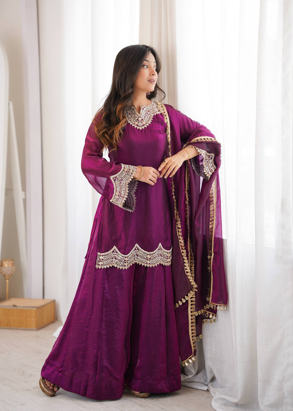Anika Premium Silk Embroidery & Mirror Work Top with Palazzo & Dupatta
