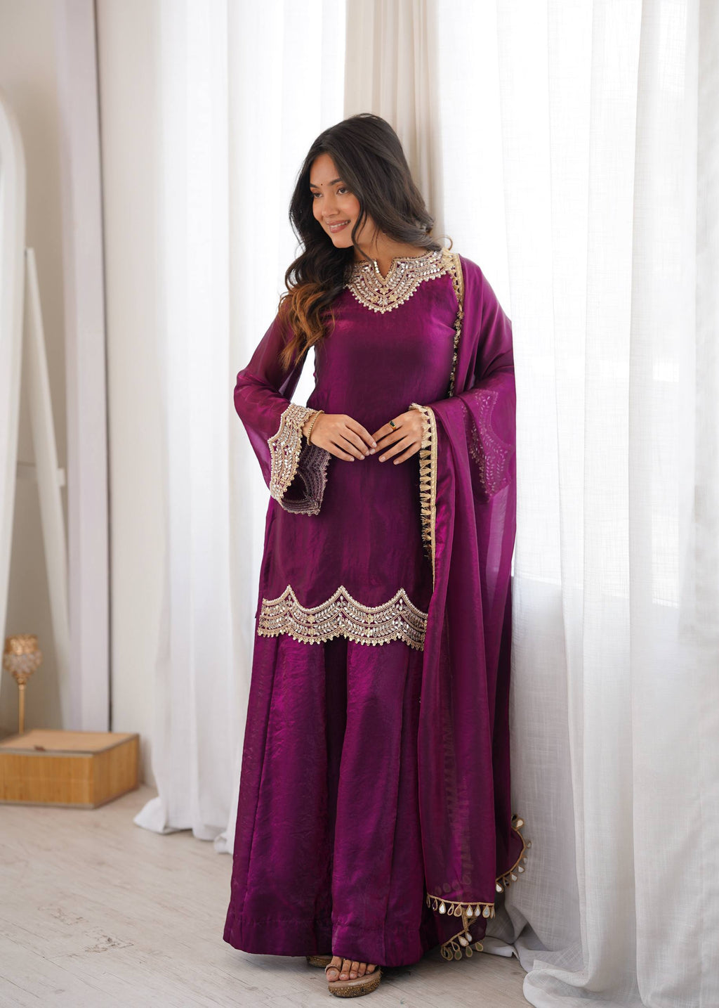 Anika Premium Silk Embroidery & Mirror Work Top with Palazzo & Dupatta